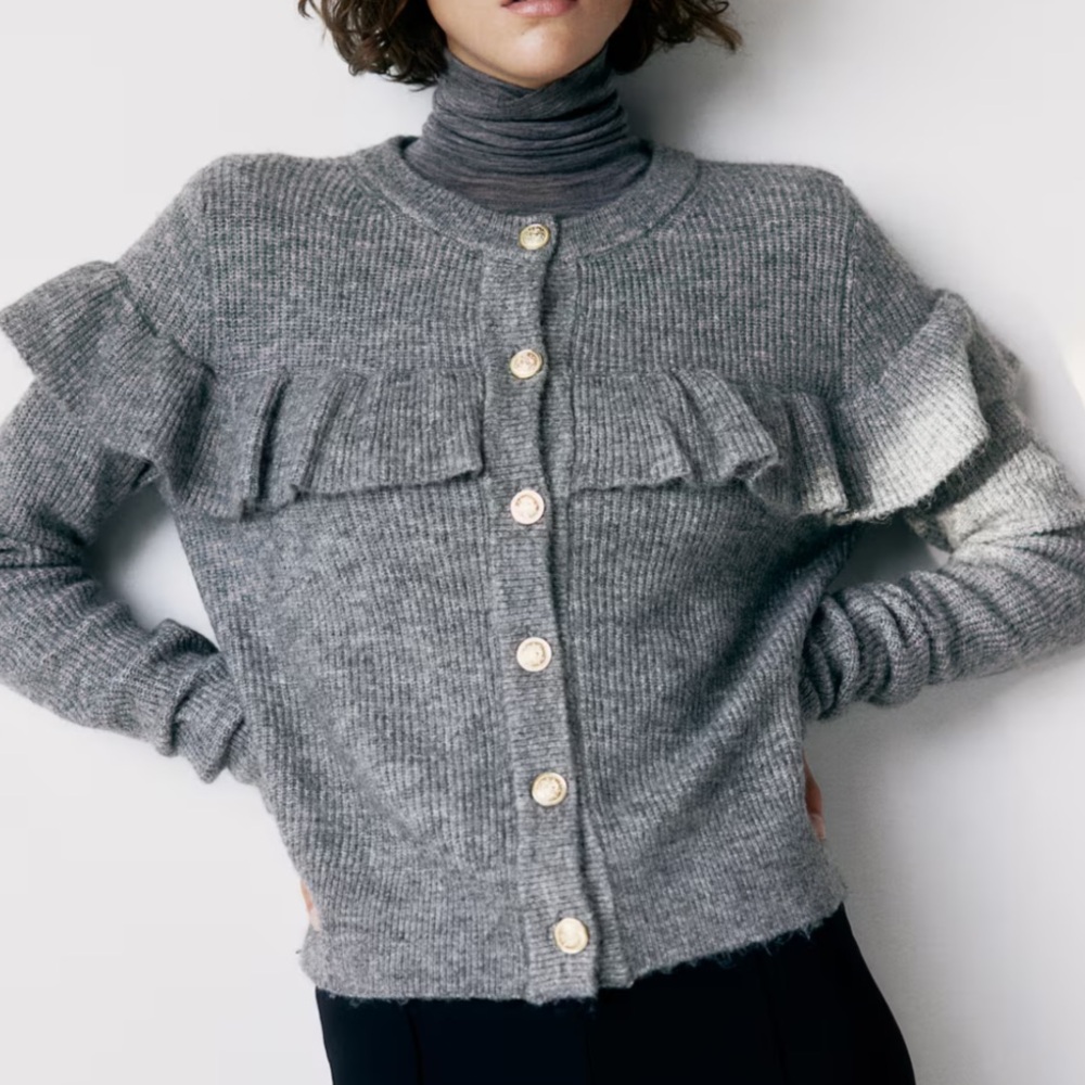 Grey Ruffled Button-Up Sweater